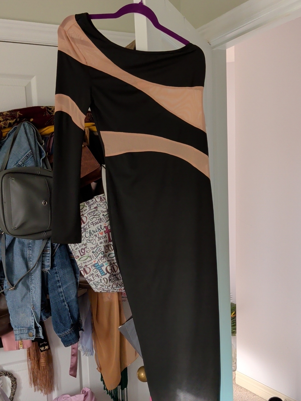 One-Shoulder Black Dress with Nude Diagonal Panels